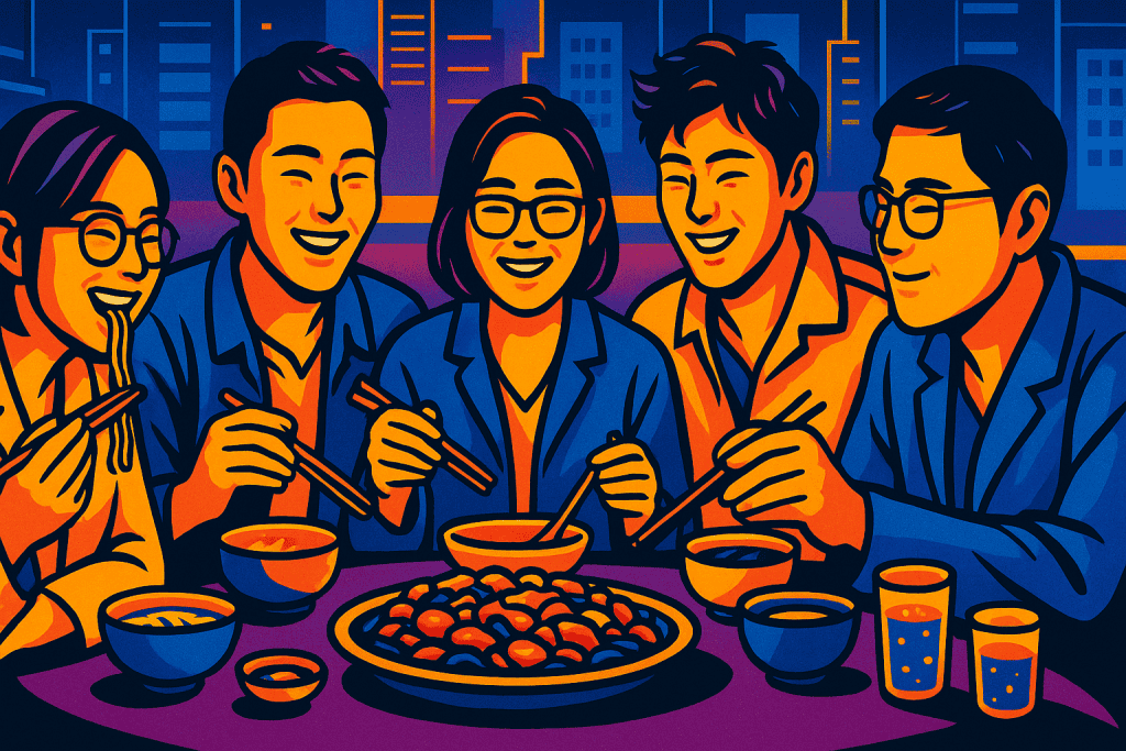 Friends enjoy meal together after long hospital shift.