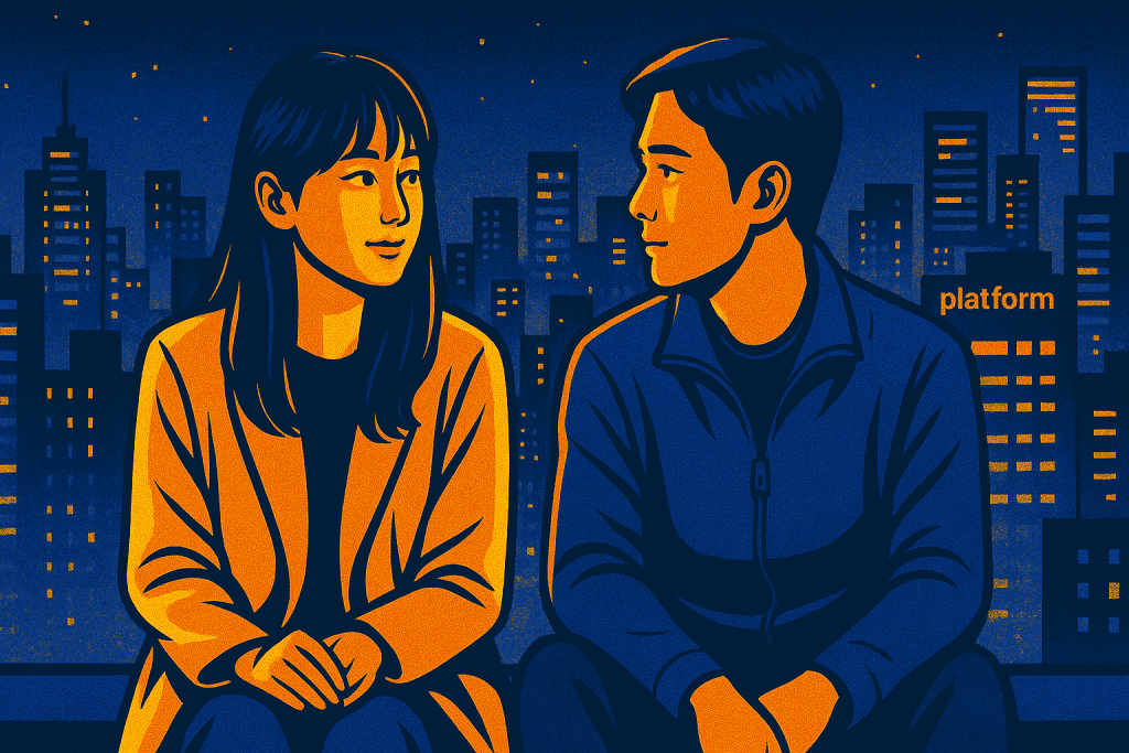 Main leads share quiet rooftop moment overlooking city.