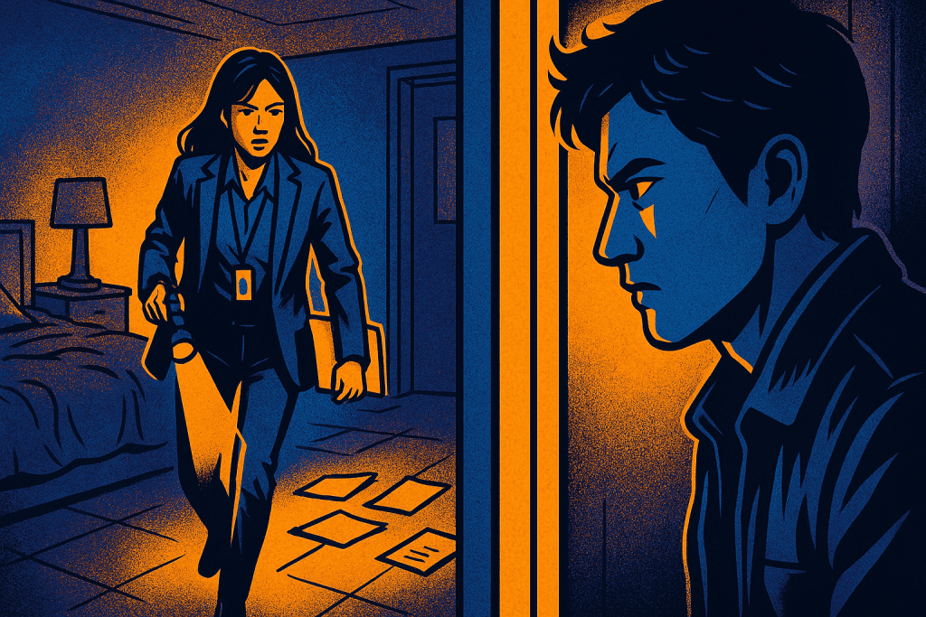 Detective investigates case while suspect watches.