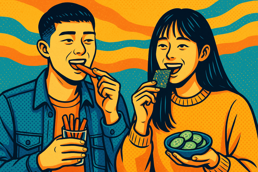 Korean people eating some foods/snacks are healthy in Korea