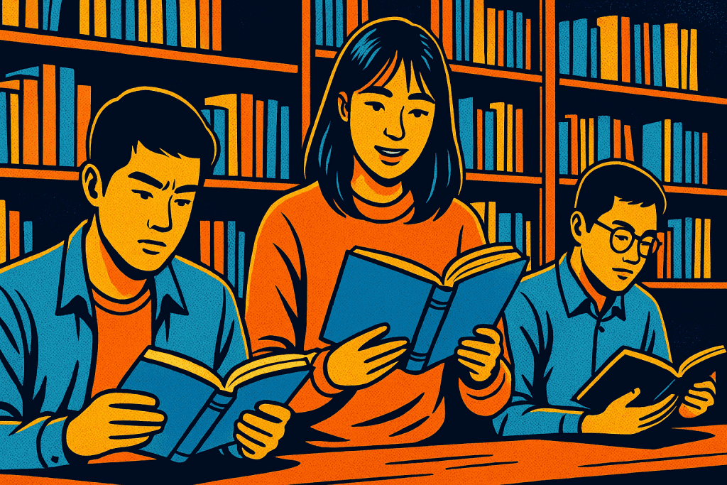 People reading in the library highlighting what is Korea's literature about.
