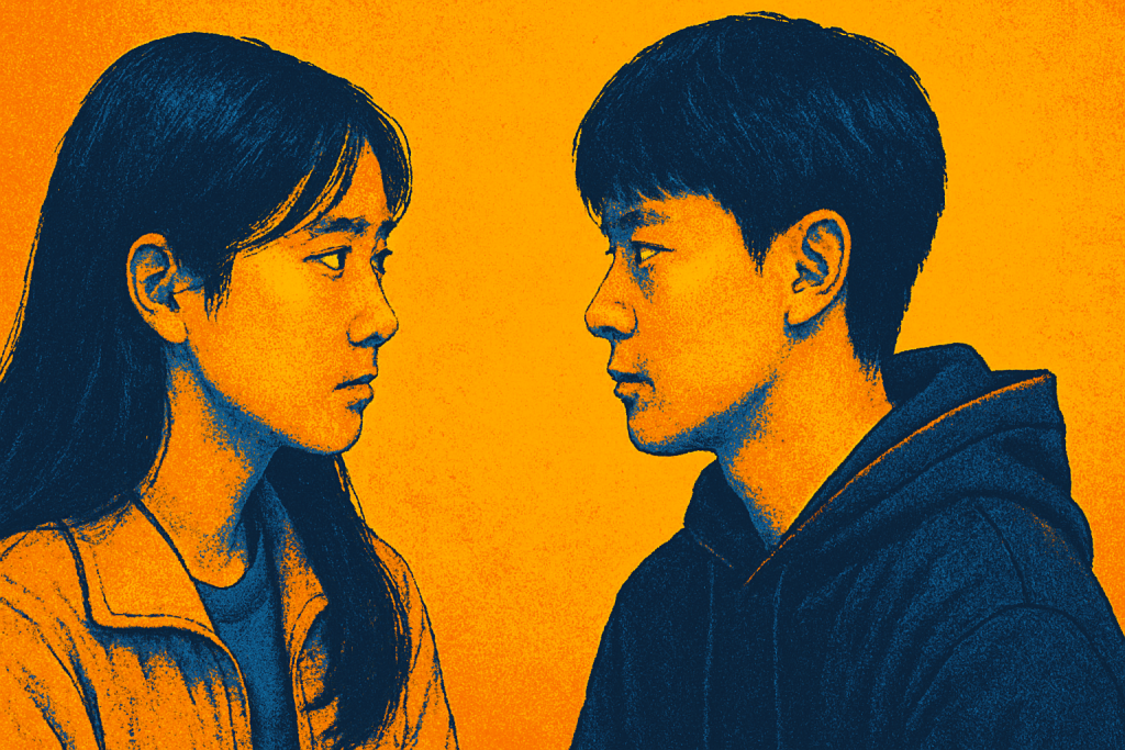 Lead lady and lead boy looking at each other