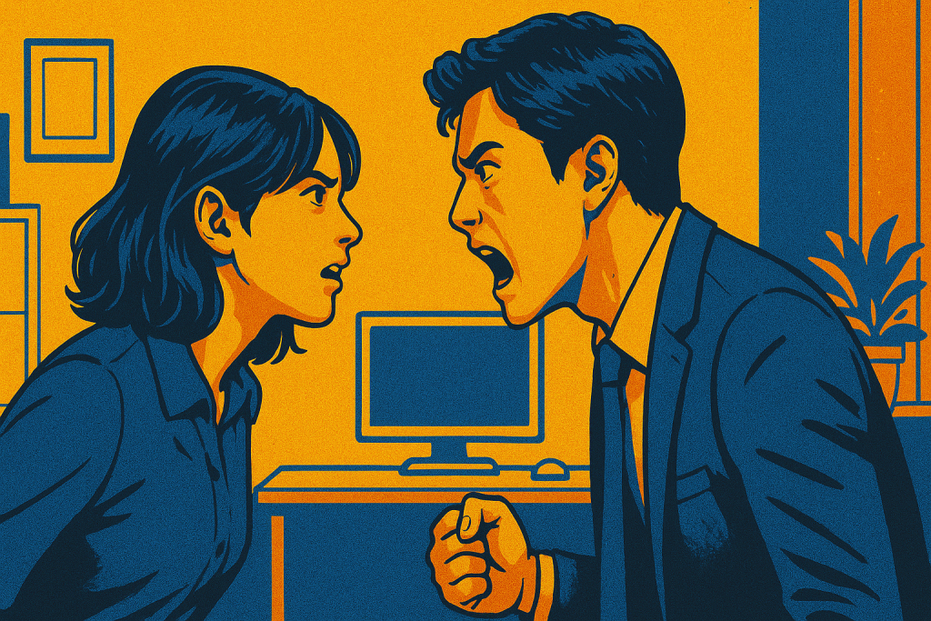 Leads argue intensely in bright modern office setting.