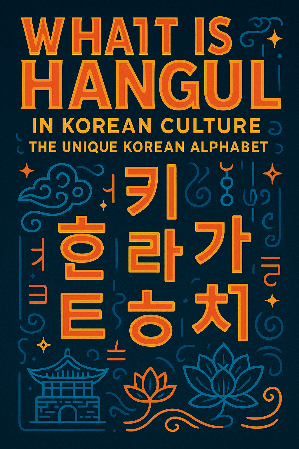 What Is Hangul in Korean Culture: The Unique Korean Alphabet — cyberpunk-pop style poster with glowing Hangul letters in orange and blue, Korean motifs like lotus flowers and a traditional building, bold title text in League Spartan and Roboto fonts.