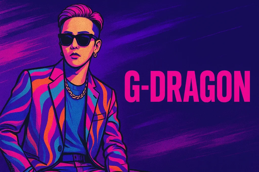 G Dragon posing stylishly in colorful fashion outfit