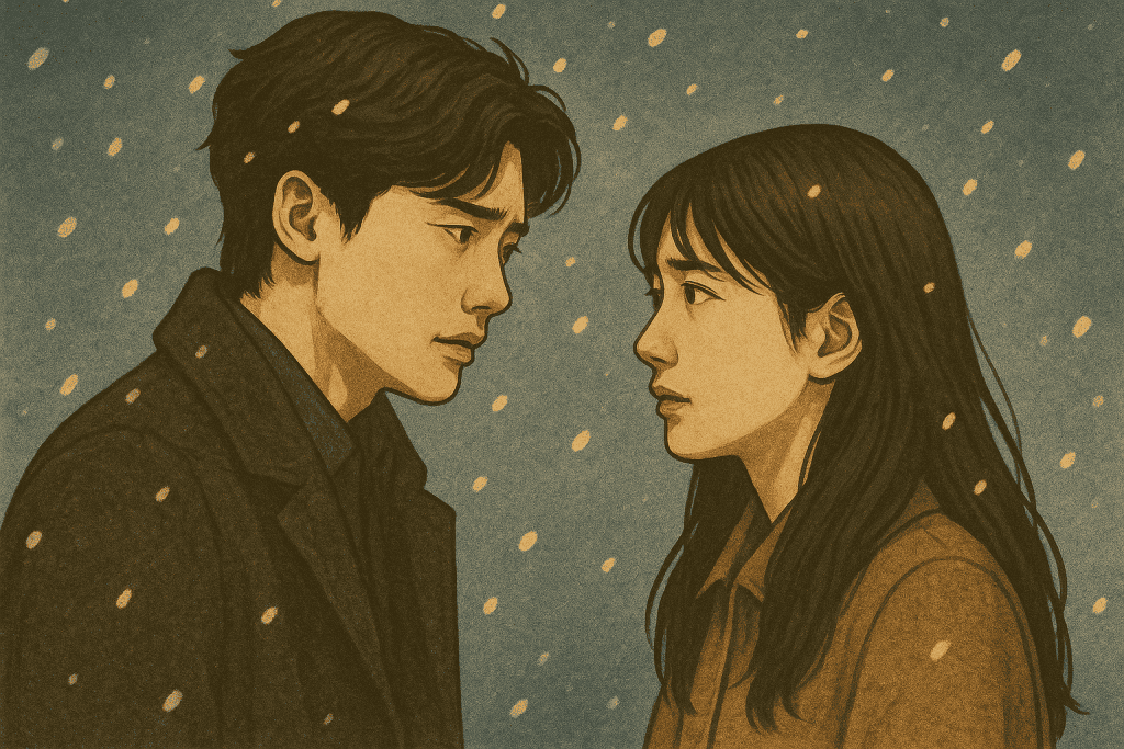Lee Jong-suk and Bae Suzy sharing dramatic snowy scene.