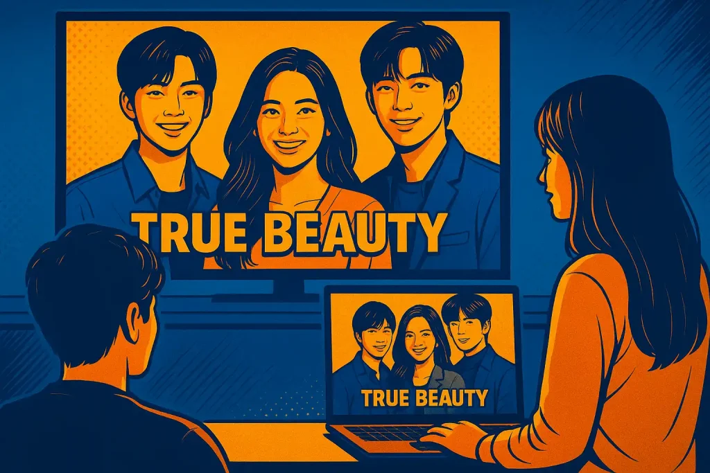 Viewers watching True Beauty on laptop and TV screen.
