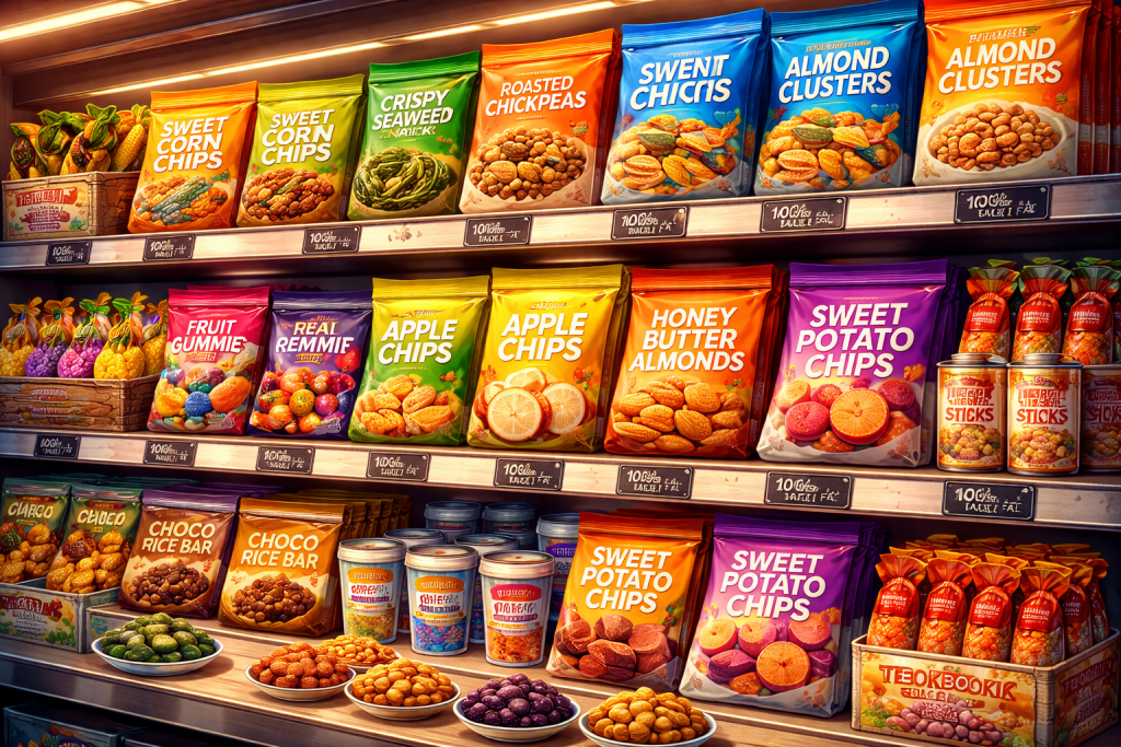 Assorted healthy Korean snacks neatly displayed on store shelves