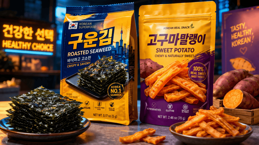 Packaged roasted seaweed and sweet potatoes snacks close-up