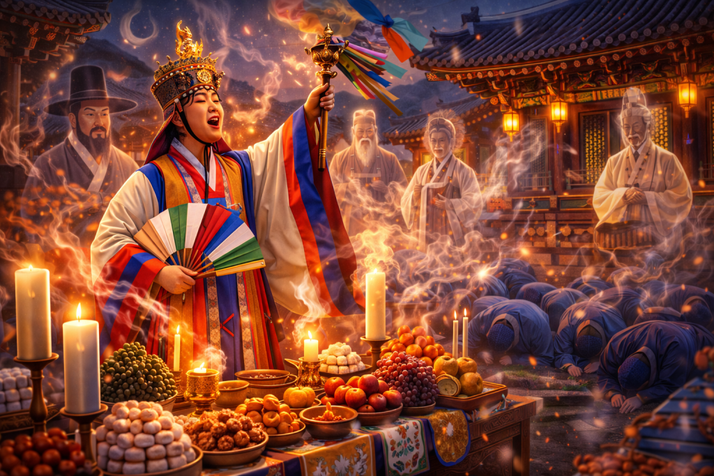 Ancient Korean shaman ritual honoring spirits and ancestors