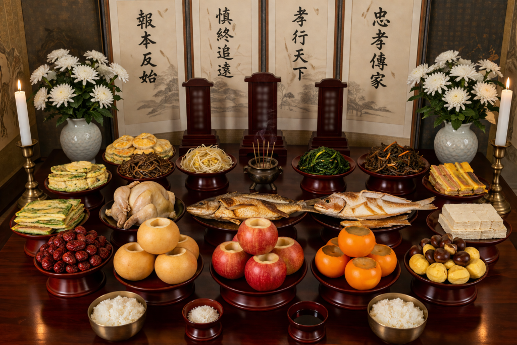 Traditional ancestor memorial table with food offerings displayed