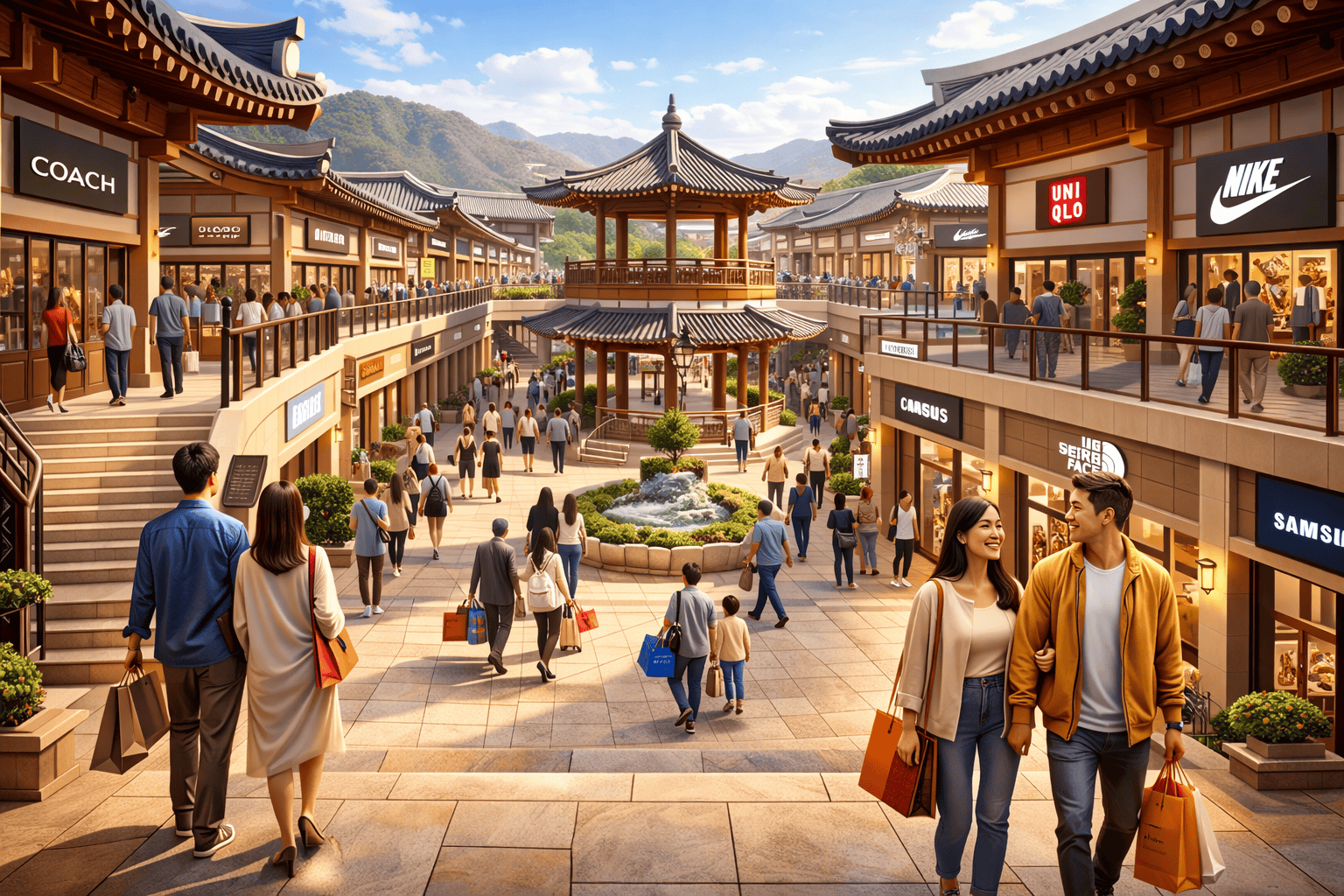 Open-air Korean outlet mall with wide walkways