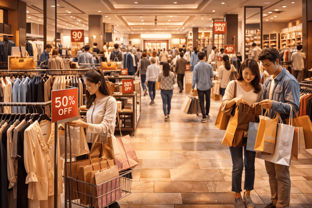 Shoppers browsing fashion brands at discounted outlet prices
