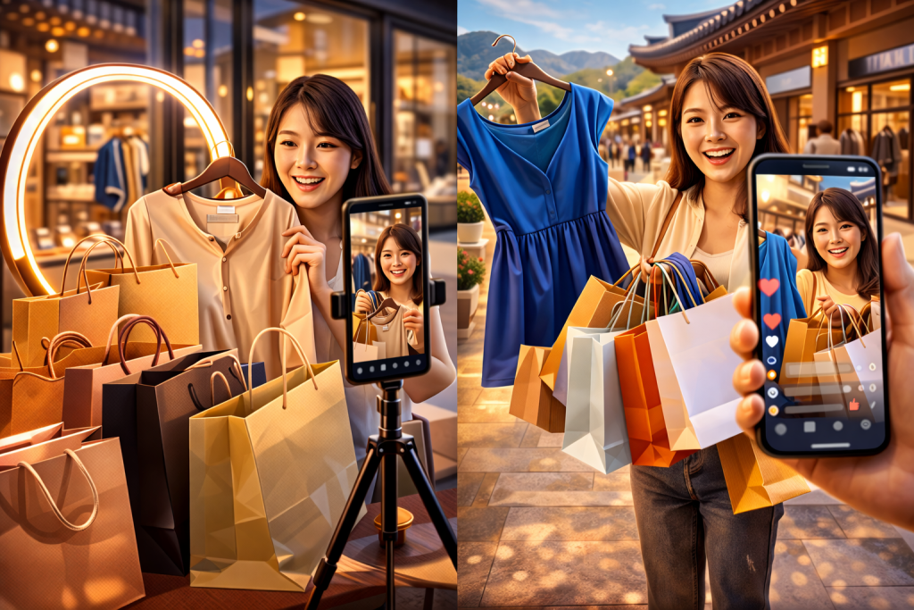 Visitors filming shopping hauls inside outlet mall