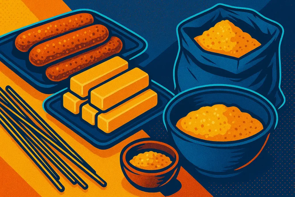 sausages, flour, yeast, skewers and cheese on table