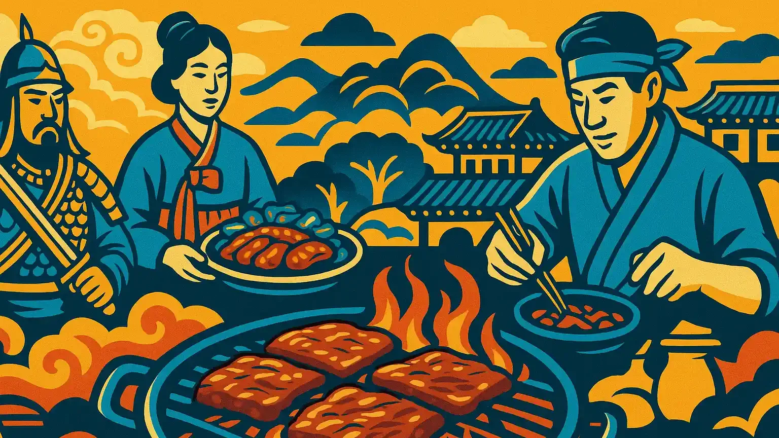 Historical illustration showing the evolution of Korean cuisine, highlighting bulgogi’s cultural origins.