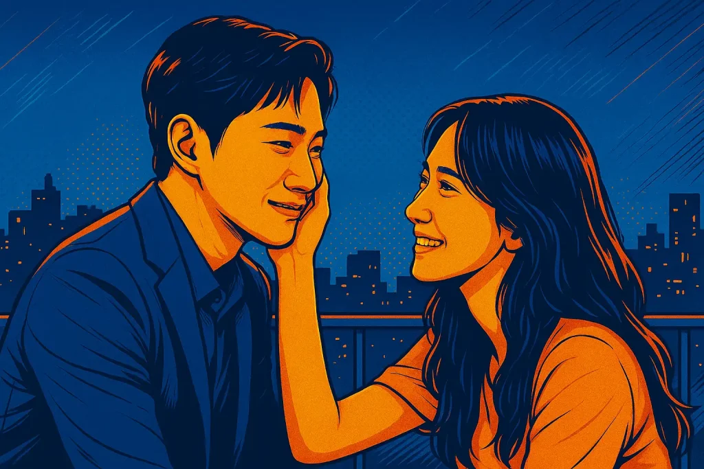 Lee Junho and Im Yoon-ah sharing romantic rooftop moment.