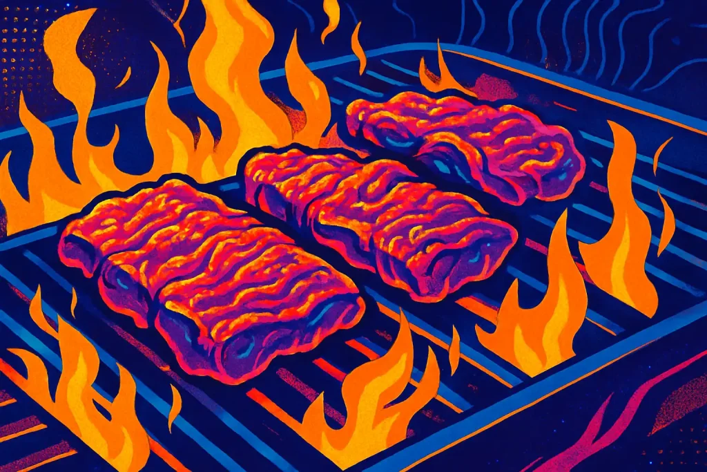 Close-up of marinated beef slices grilling over open flames, representing the traditional preparation of bulgogi.