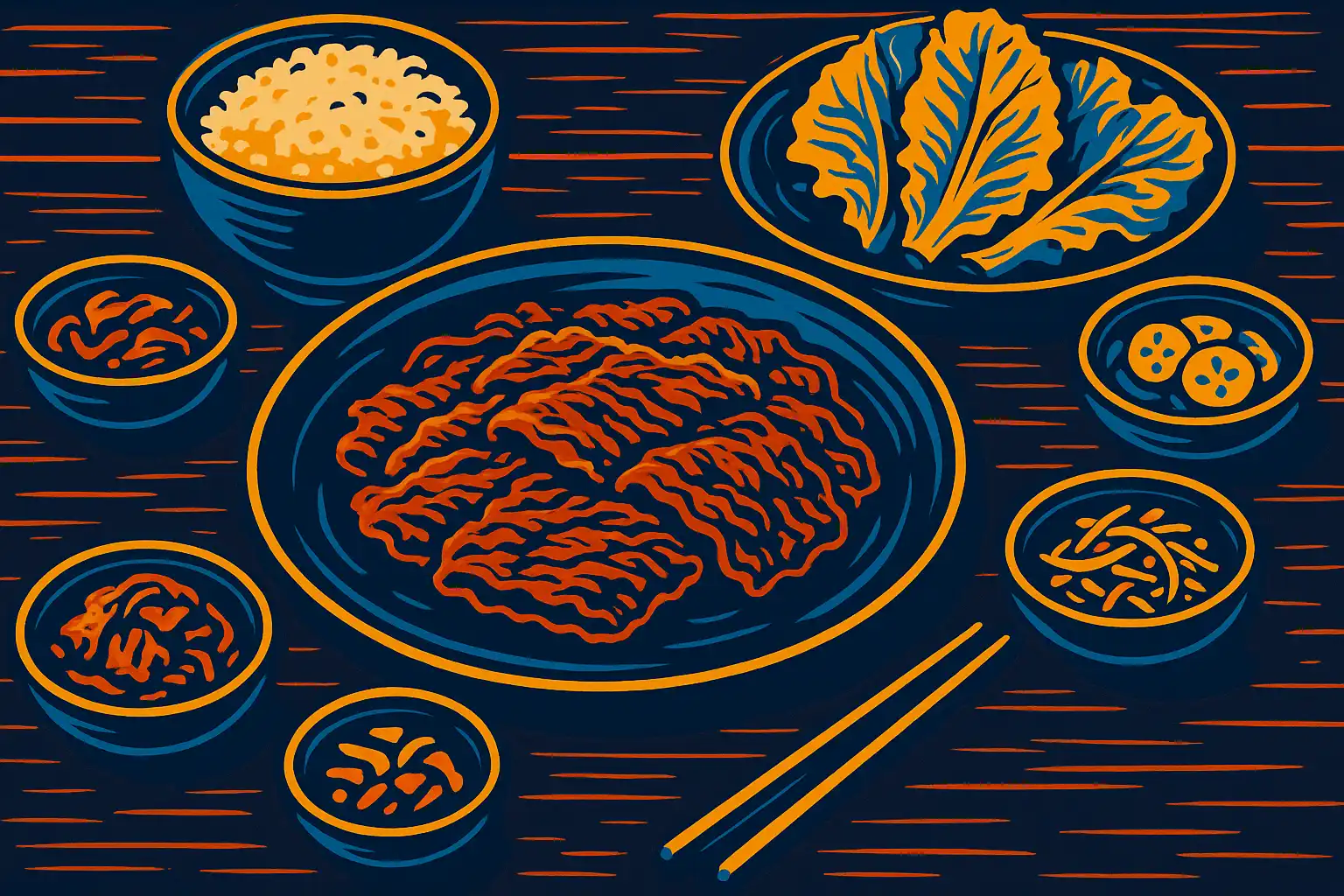 Korean bulgogi served with rice, lettuce wraps, and traditional side dishes on a wooden table.