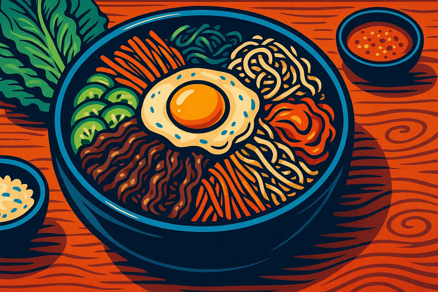 Colorful Korean bibimbap served in a traditional bowl with vegetables, egg, beef, and gochujang.