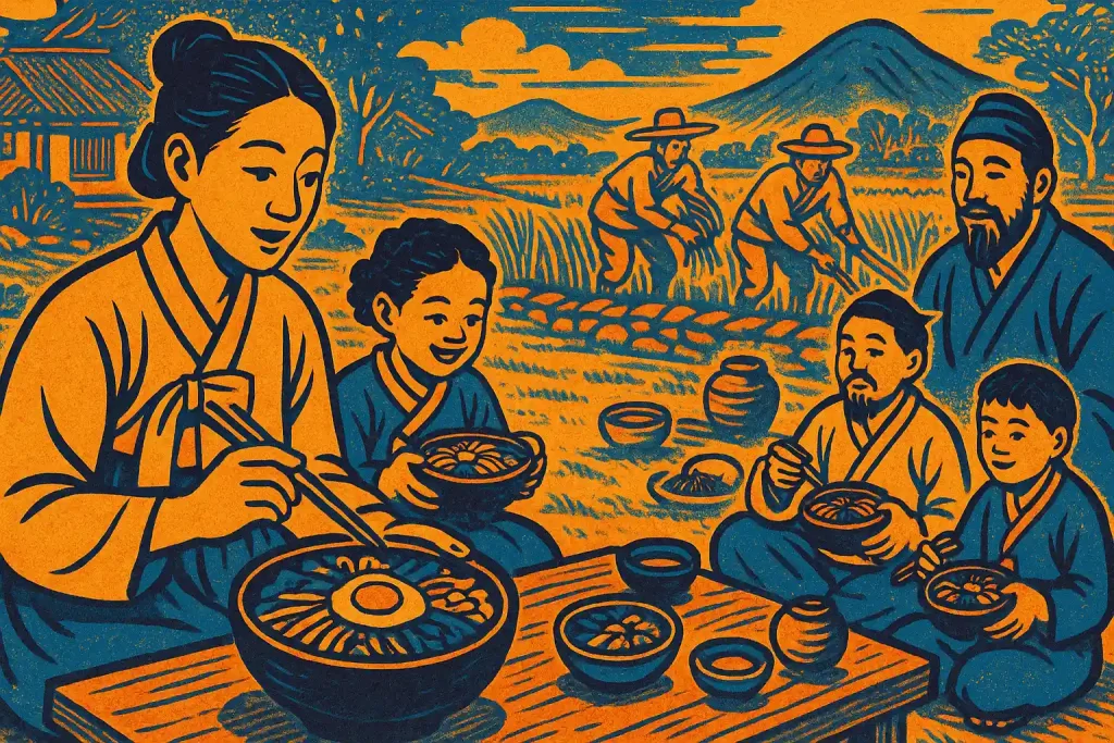 Historic Korean illustration showing farmers and families enjoying bibimbap as part of cultural tradition.