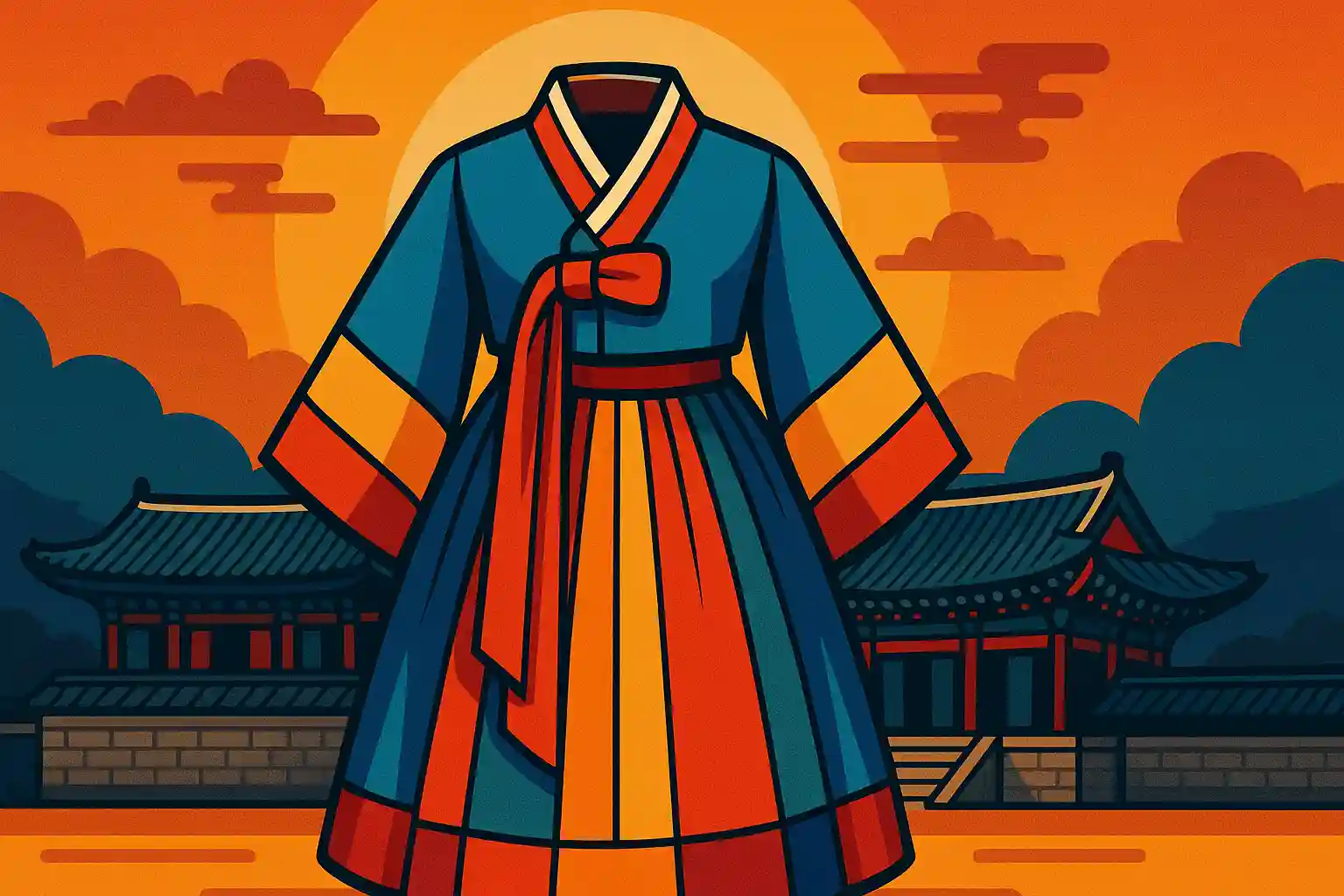 Traditional Korean hanbok in vibrant colors displayed against a palace backdrop.