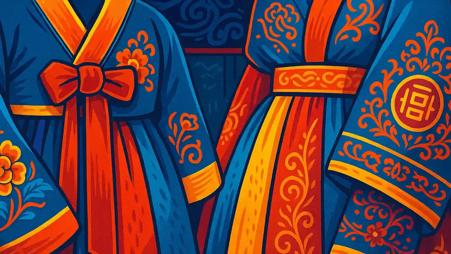 Close-up of hanbok fabrics and embroidery showcasing symbolic colors and patterns.