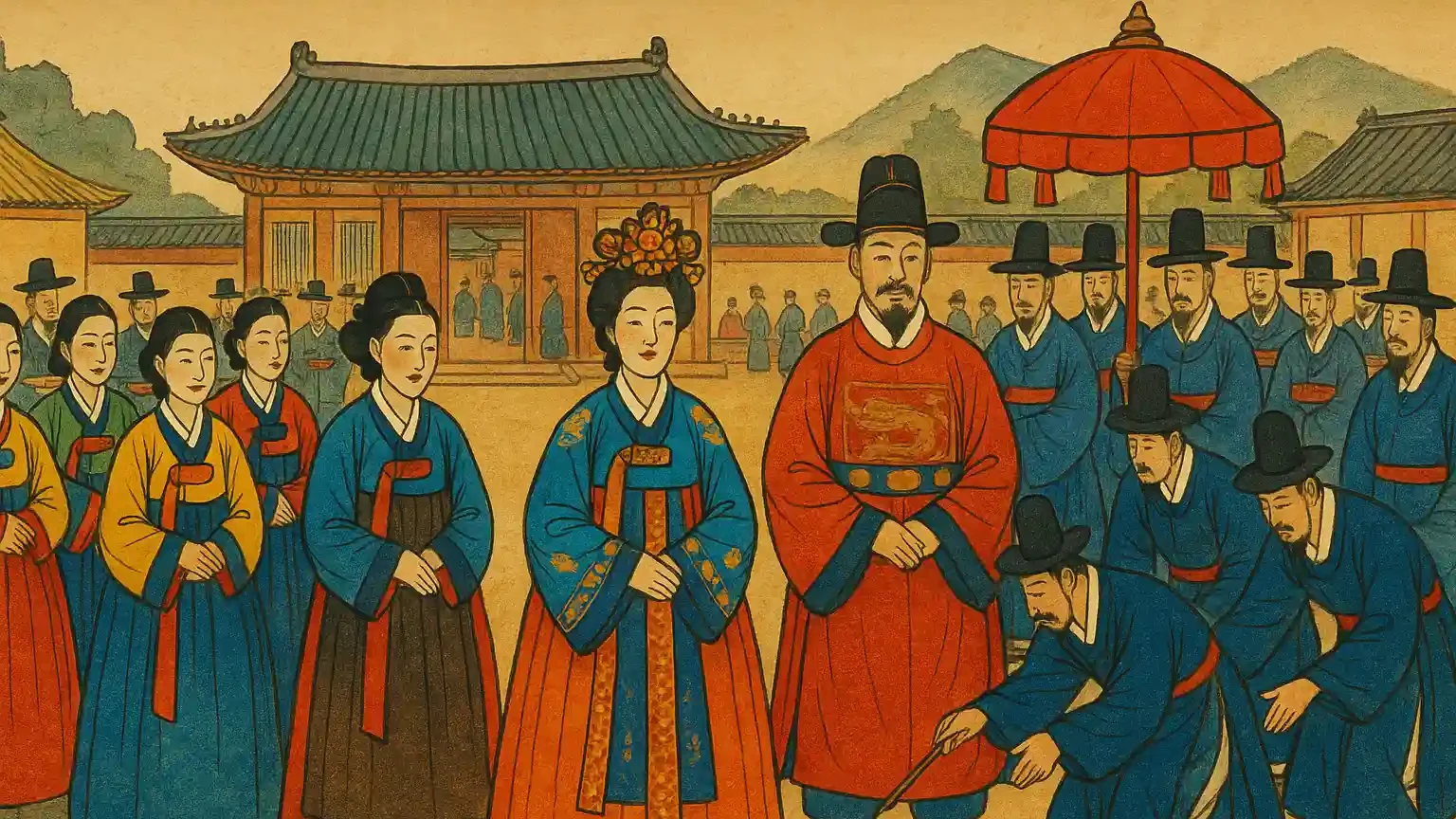 Historic painting of Koreans wearing hanbok during a royal ceremony in the Joseon Dynasty.