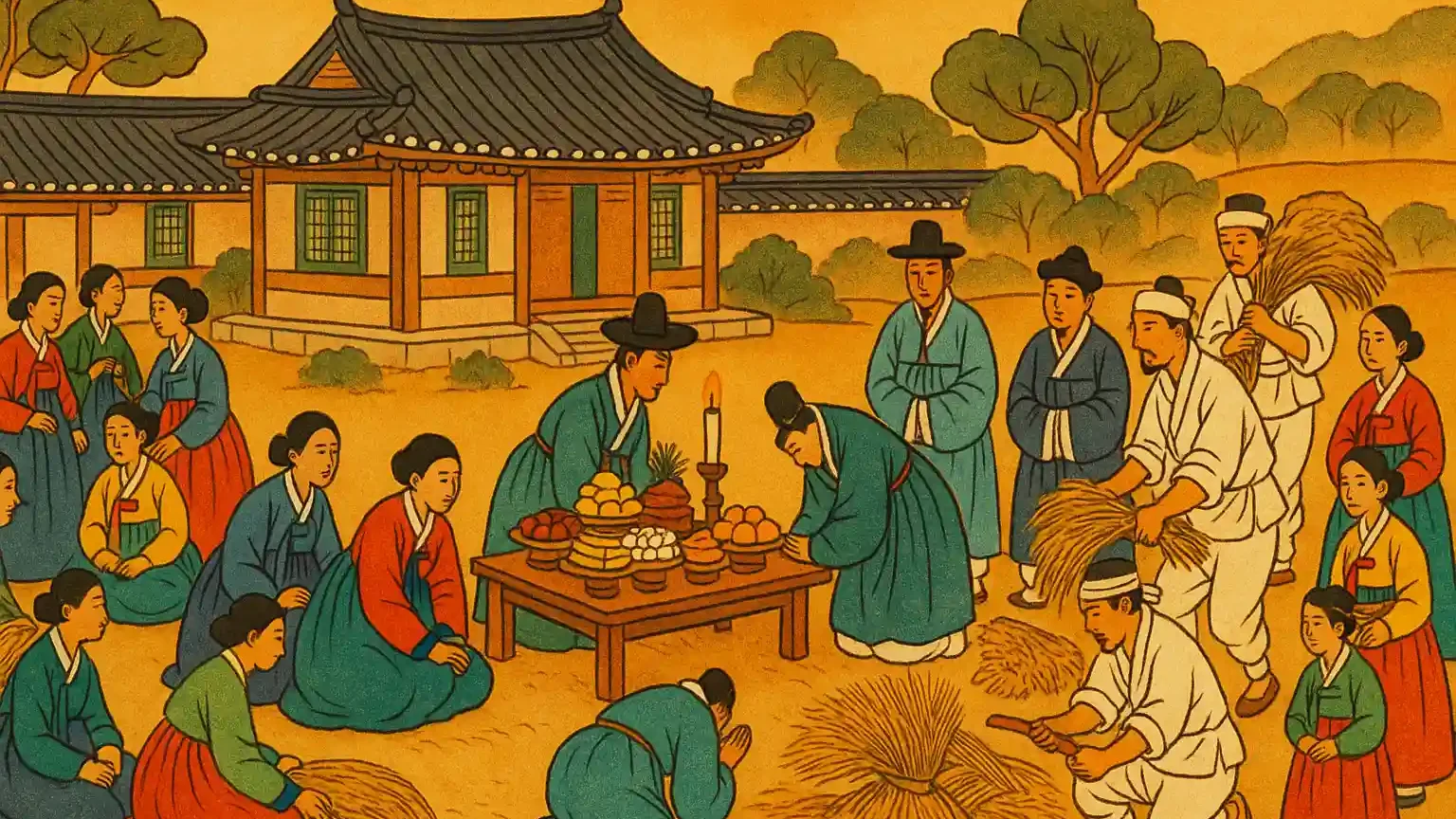Historic painting depicting Koreans performing Chuseok rituals and harvest celebrations.
