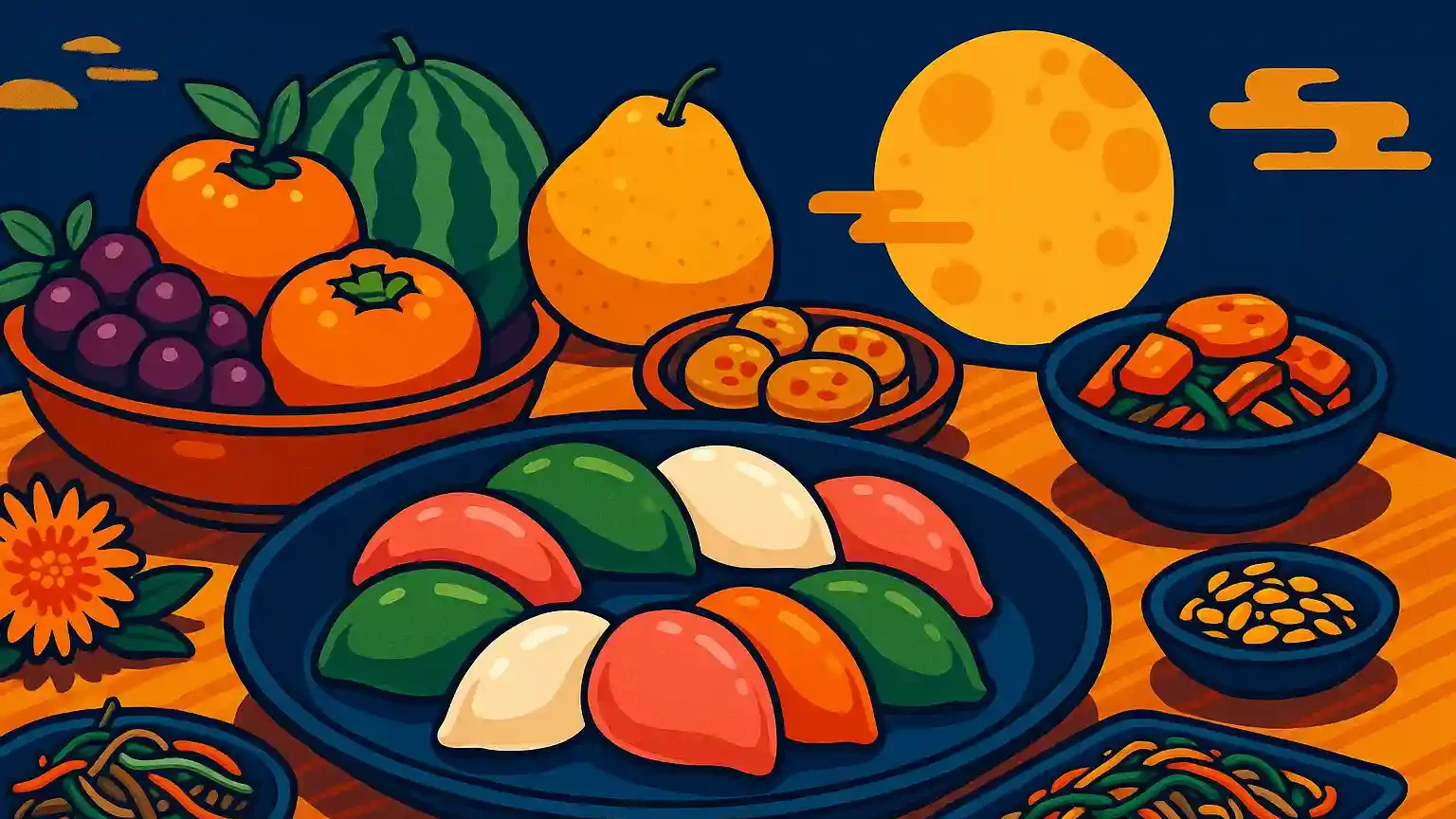 Songpyeon rice cakes arranged on a festive Chuseok table alongside seasonal fruits and dishes.
