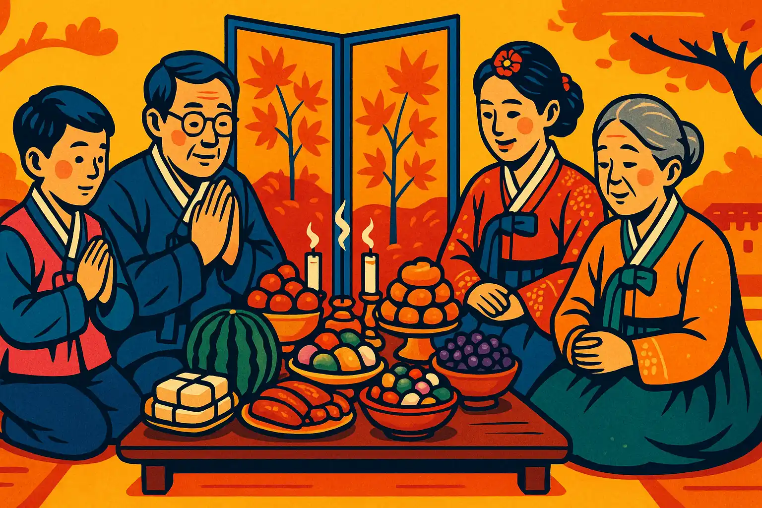 Korean family in traditional hanbok celebrating Chuseok with food offerings and ancestral rites.