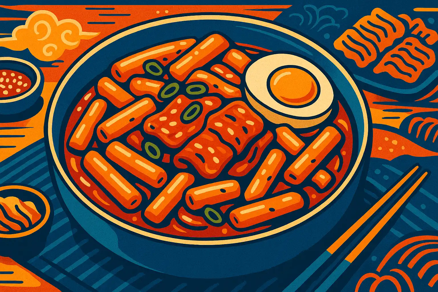 Korean tteokbokki served in a bowl with rice cakes, fish cakes, and boiled egg in spicy red chili sauce.