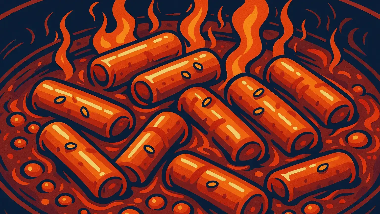 Close-up of cylindrical rice cakes simmering in gochujang sauce, representing traditional tteokbokki preparation.