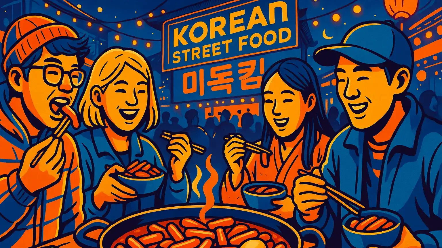 Tourists enjoying tteokbokki at a Korean street food festival.
