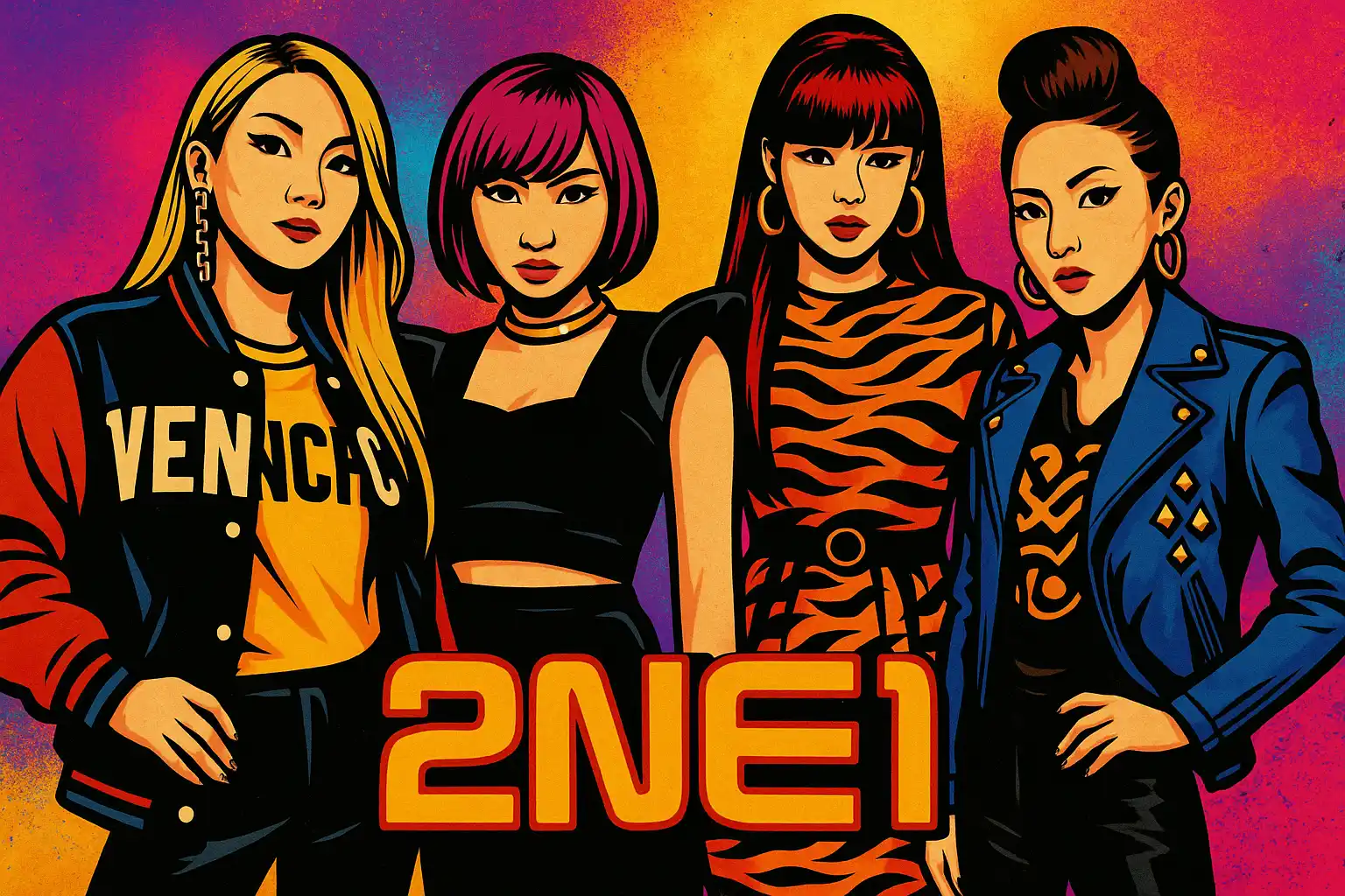 2NE1 members posing together in a powerful group shot, showcasing their unity, bold fashion, and legendary impact on K-pop culture.