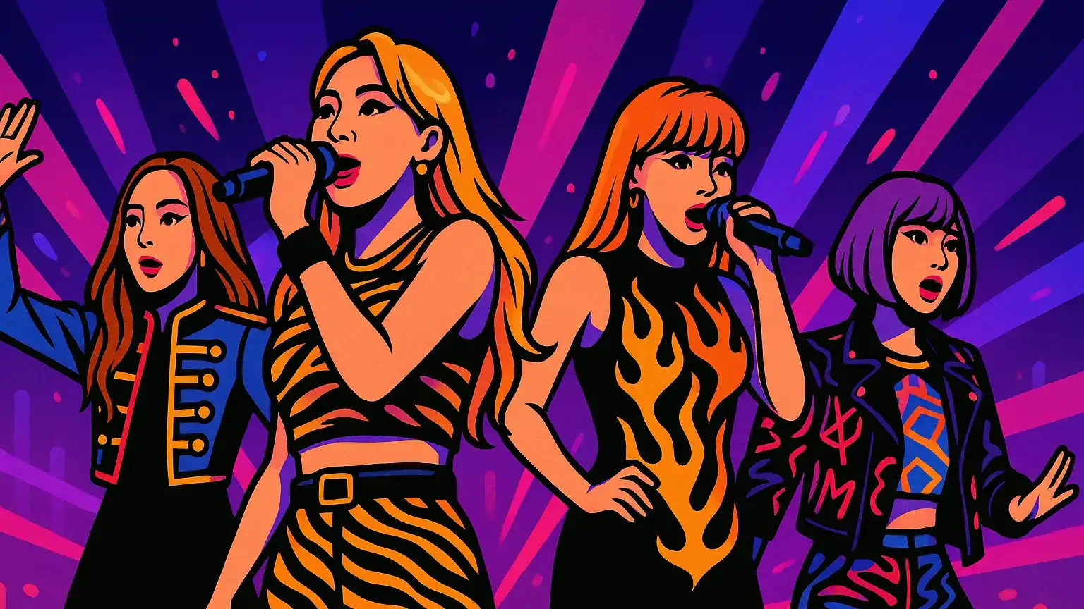2NE1’s four members — CL, Dara, Bom, and Minzy — performing on stage with bold outfits and high energy, representing their iconic status in Kpop.