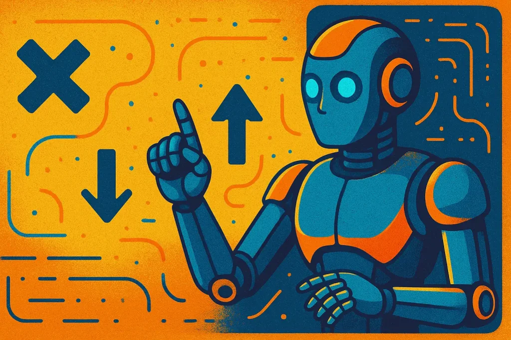 Illustration of AI robot learning through trial-and-error environment feedback