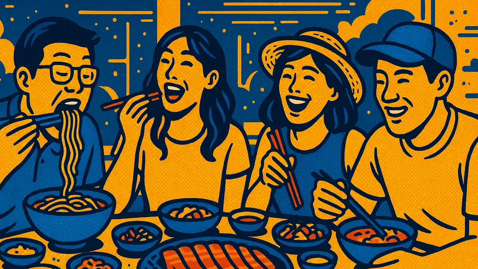 Tourists eating Korean food in Jeju Island South Korea