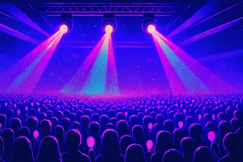 tage lights shining on massive Kpop concert crowd