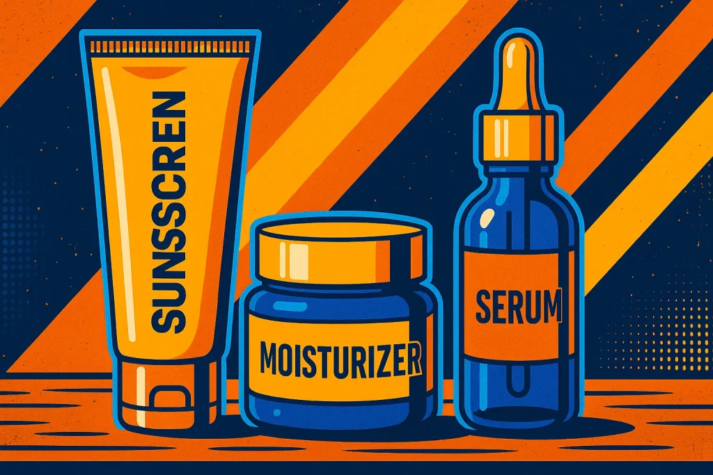 Sunscreen, moisturizer, and serum bottles arranged neatly