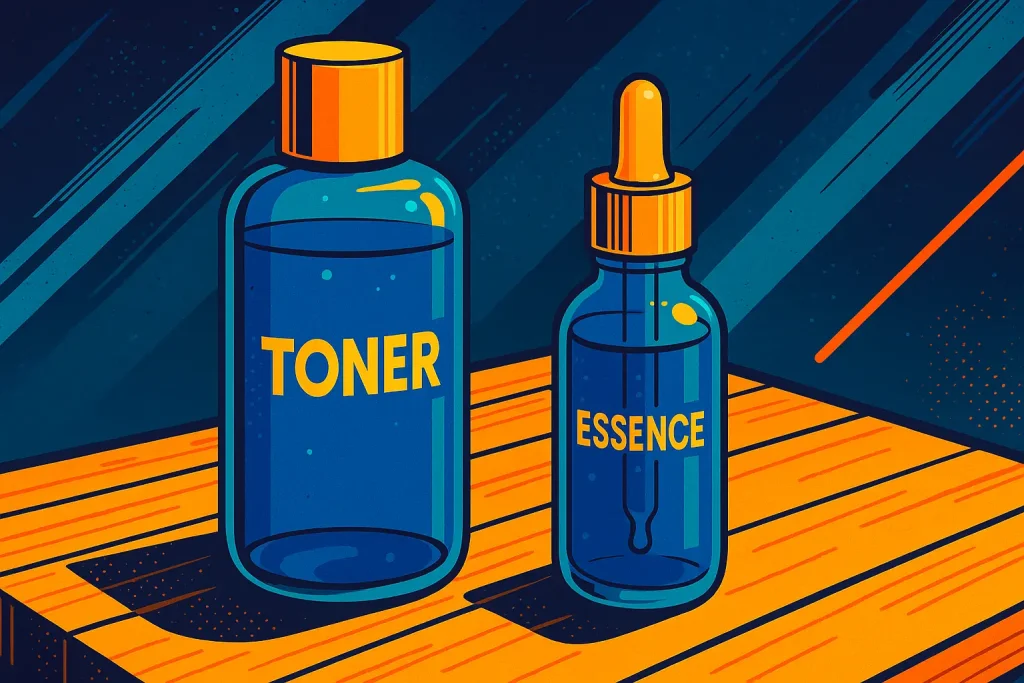 Skincare products toner and essence on wooden table