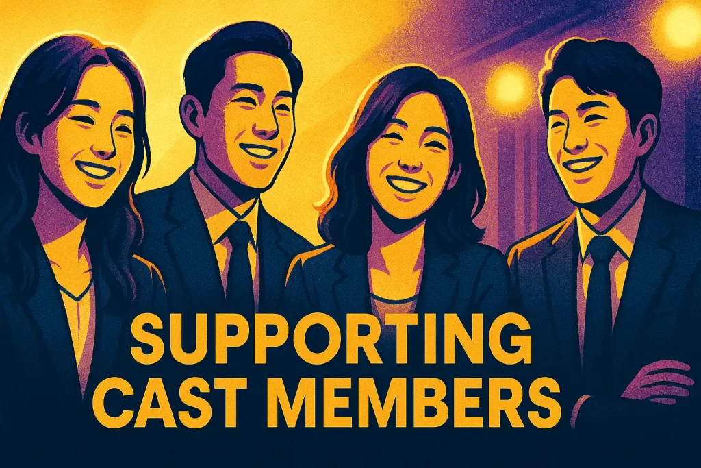 Supporting cast members smiling during drama shoot