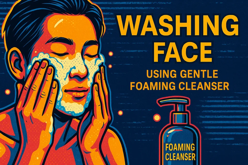 Person washing face using gentle foaming cleanser