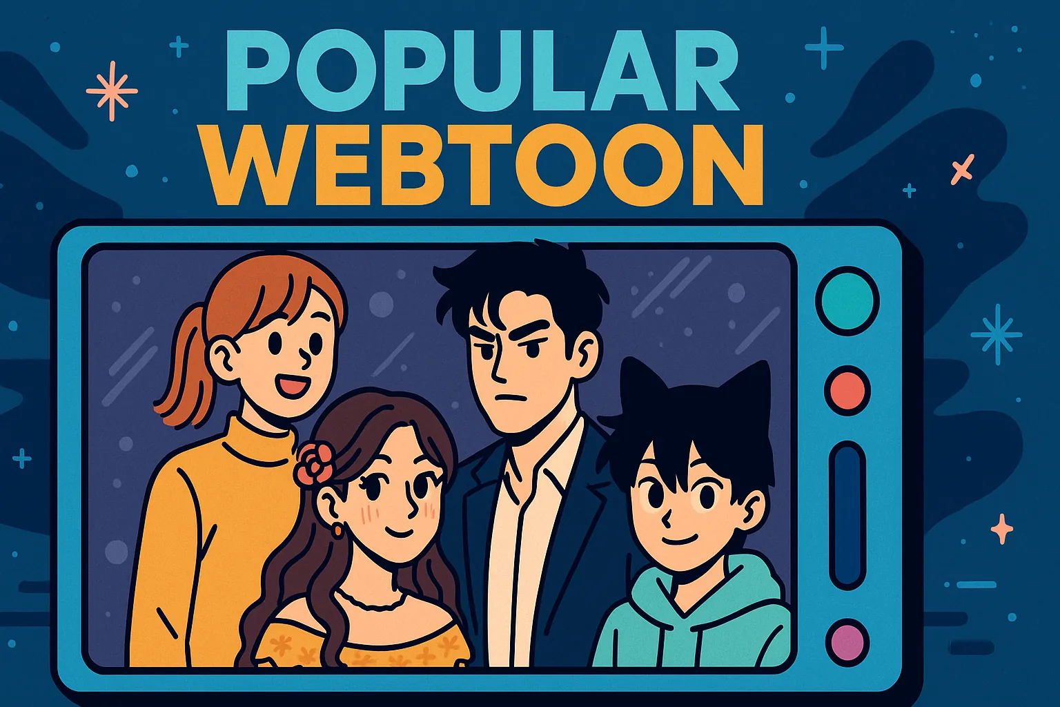 Popular Webtoon characters displayed on a digital screen