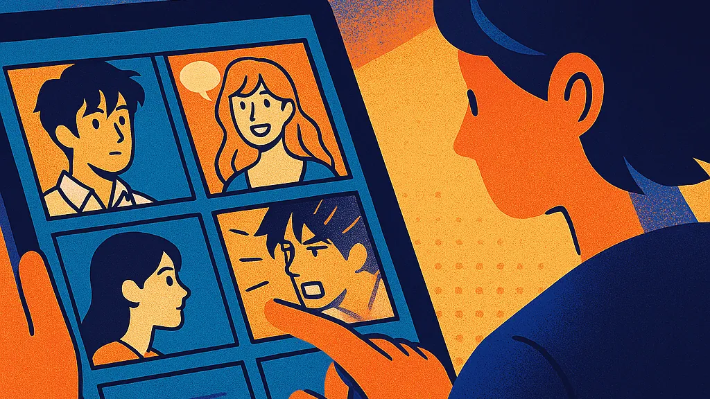 Webtoon reader scrolling through digital comic panels