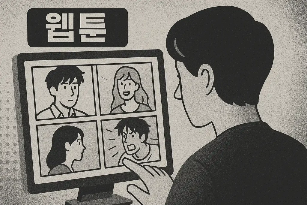 Early black-and-white Korean webtoon sketches on computer screen