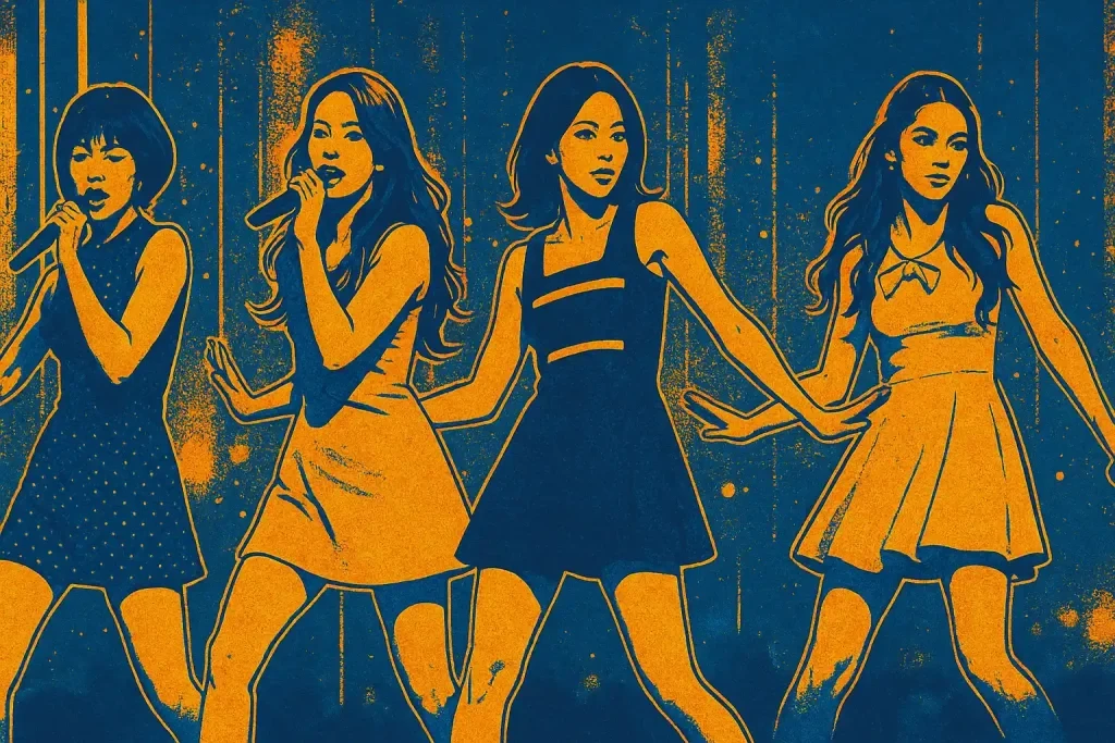 Wonder Girls members performing retro-pop inspired K-pop stage