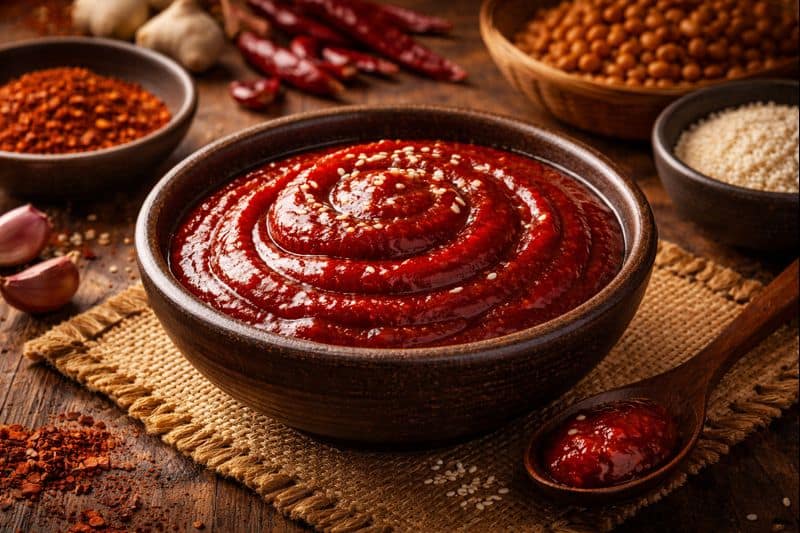 Traditional Korean gochujang sauce served in ceramic bowl