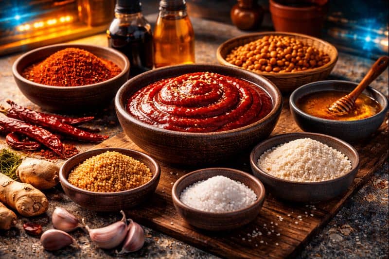Ingredients for homemade gochujang sauce on kitchen counter
