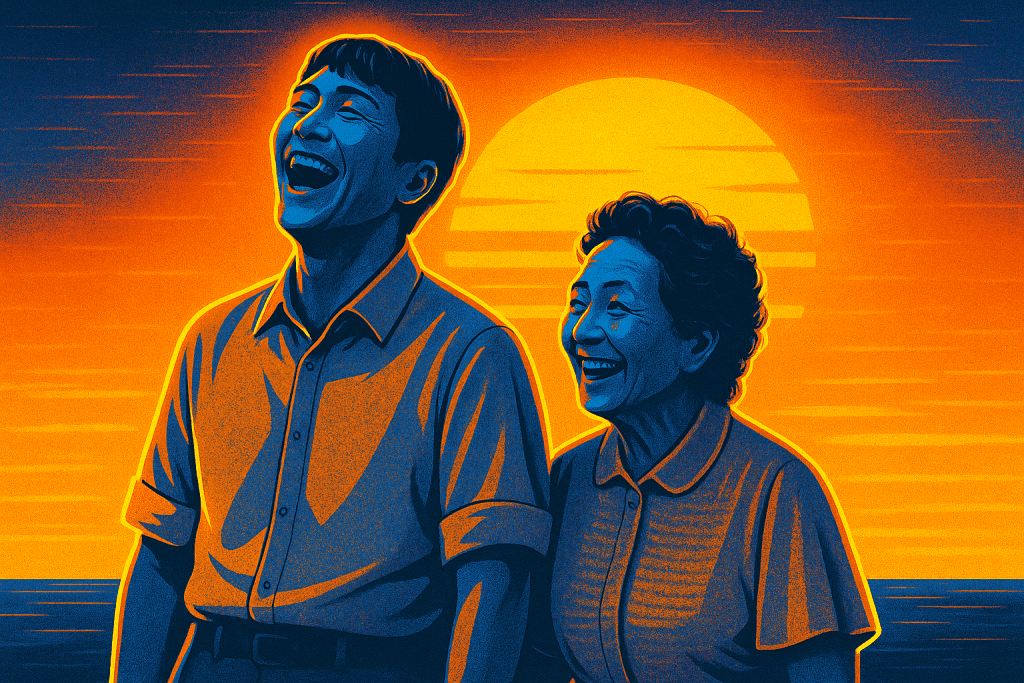 cast of Heavenly Ever After laughing by the sunset, close together